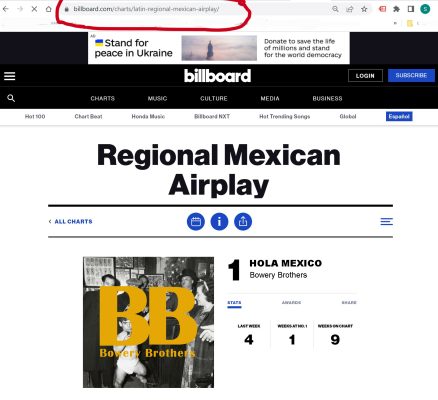 Hola Mexico #1 on Mexican Regional Billboard Chart. The Bowery Brothers chart their first #1 hit single "Hola Mexico" on Mexican regional Billboard singles chart.